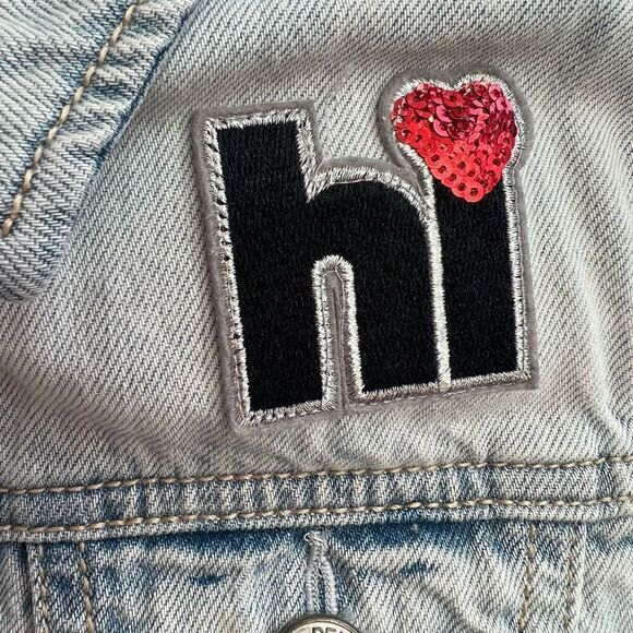 Gap Kids Button-Down Sequin Patches Denim Jacket Light Wash Blue Size M - Picture 3 of 13